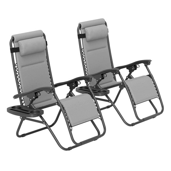 Zero Gravity Lounge Chairs Set of 2, Reclining Folding Outdoor Chairs with Headrest & Side Tray, Light Gray
