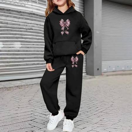 ZHOGXU Big Kids Girls Outfits Long Sleeve Leopard Bow Print Pockets Hoodies And Jogger Comfortable Fashion Sets For Casual Daily Wear Black 4-5 Years