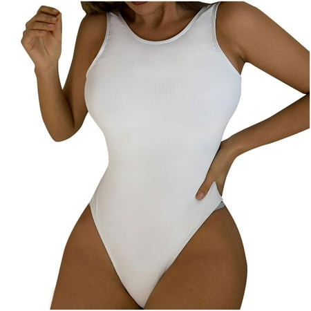 TrendVibe365 Slimming Swimsuits for Women White One Piece Bathing Suits Thong Solid Swimwear Beachwear XL