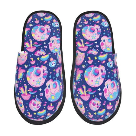 

Qekee colorful Skull mushroom rainbow print Slippers for Women and Men Fluffy Cute Cozy House Slipper Funny Furry Bedroom Slippers for Women Indoor -Large
