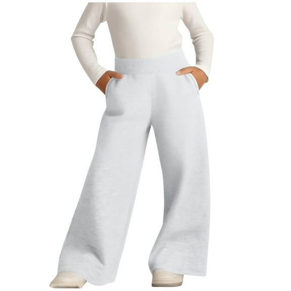 Lenpel Girl's Wide Leg Sweatpants Baggy High Waisted Pull on Soft Casual Trousers Children Athletic Pants with Pockets(White,14-15 Years)