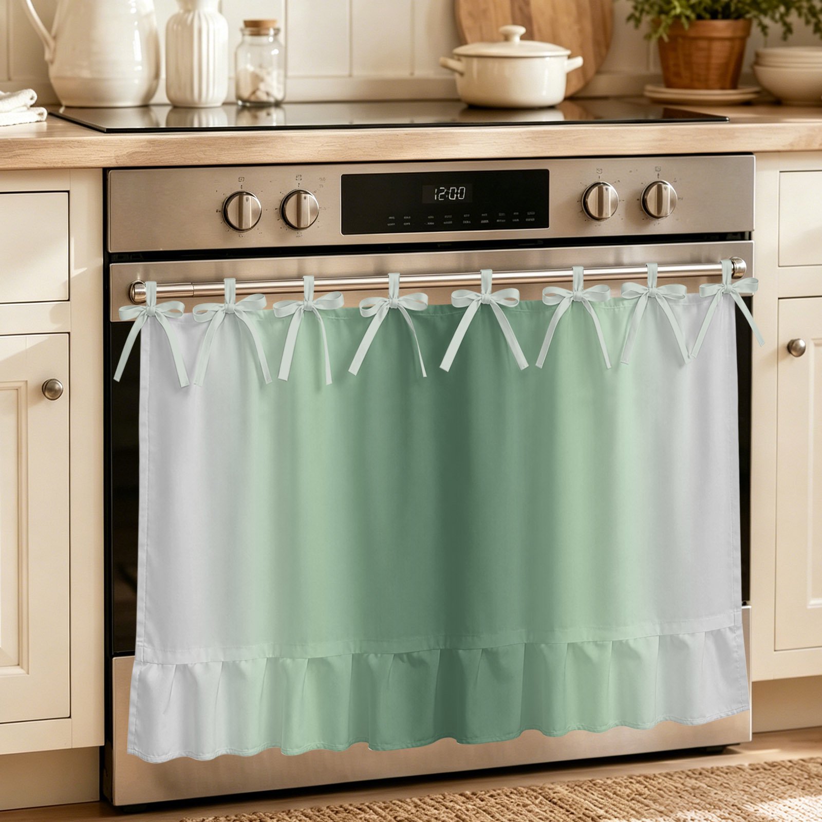 Oven Curtain for Kitchen Rat Tail Green Gray Gradual Stove Curtain With Ruffled Trim Dishwasher Curtains Abstract Art Oven Skirt 32 x24