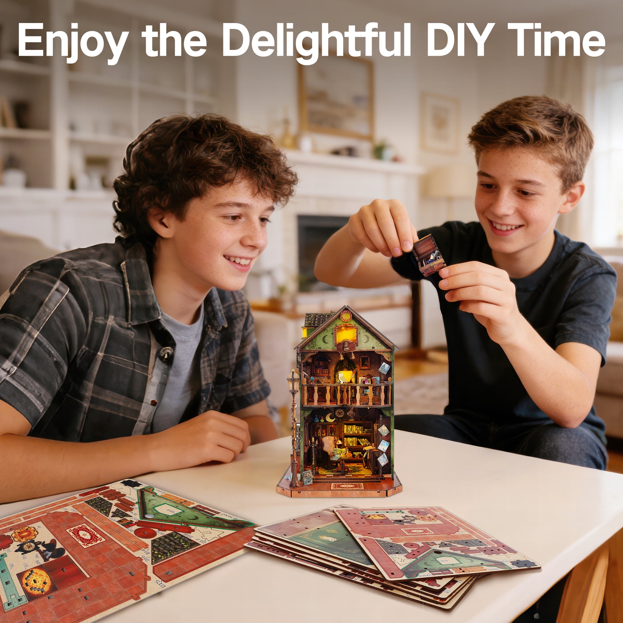 BELEEV Book Nook Kit,3D Wooden Puzzle，Owl Library Book Nook with Lights,DIY Miniature House Model Kit for Adults,Dollhouse Craft Kit Birthday Gift for Teens & Adults - Owl Library