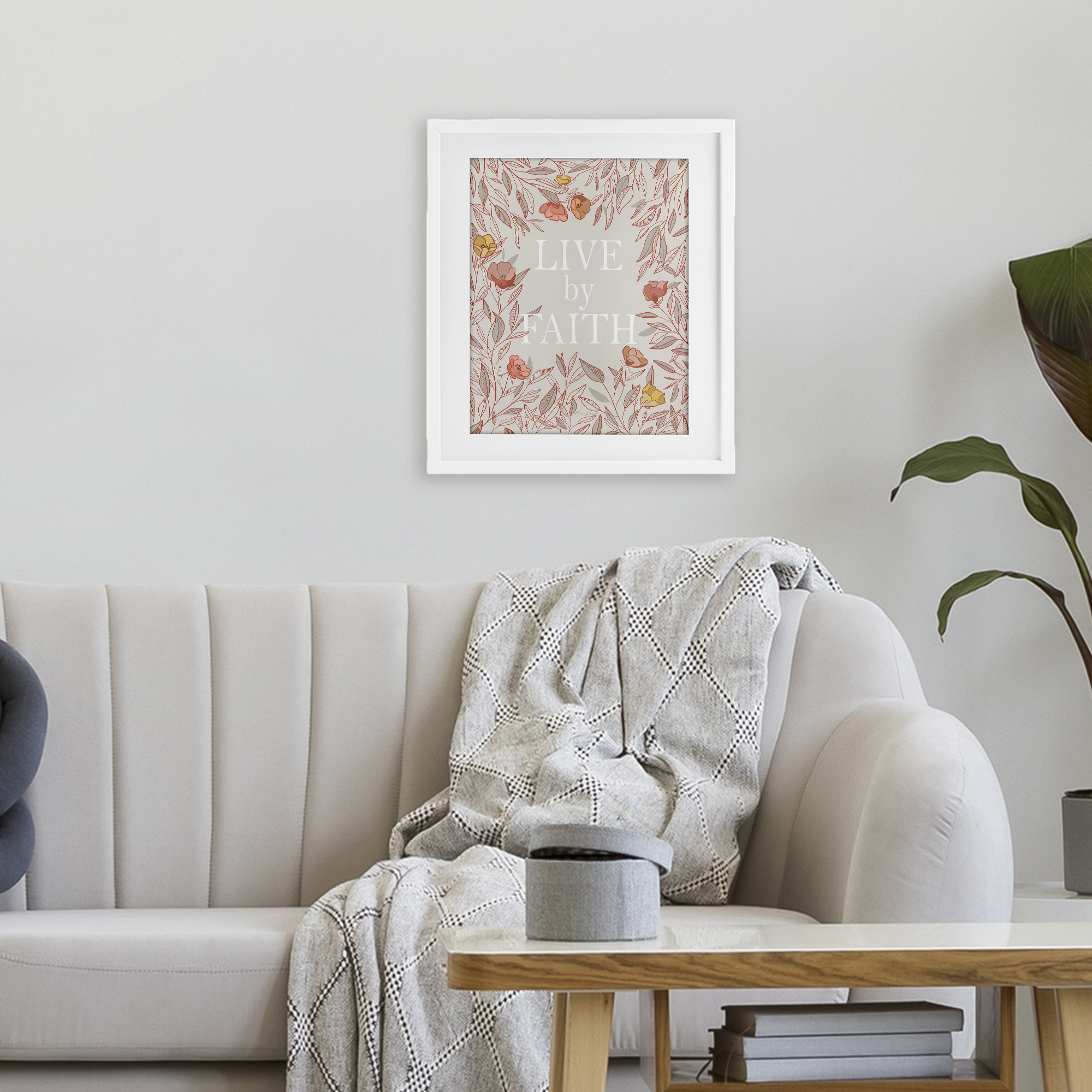Live By Faith Rosy Florals White Framed Print Under Glass, design by Kelley Talent