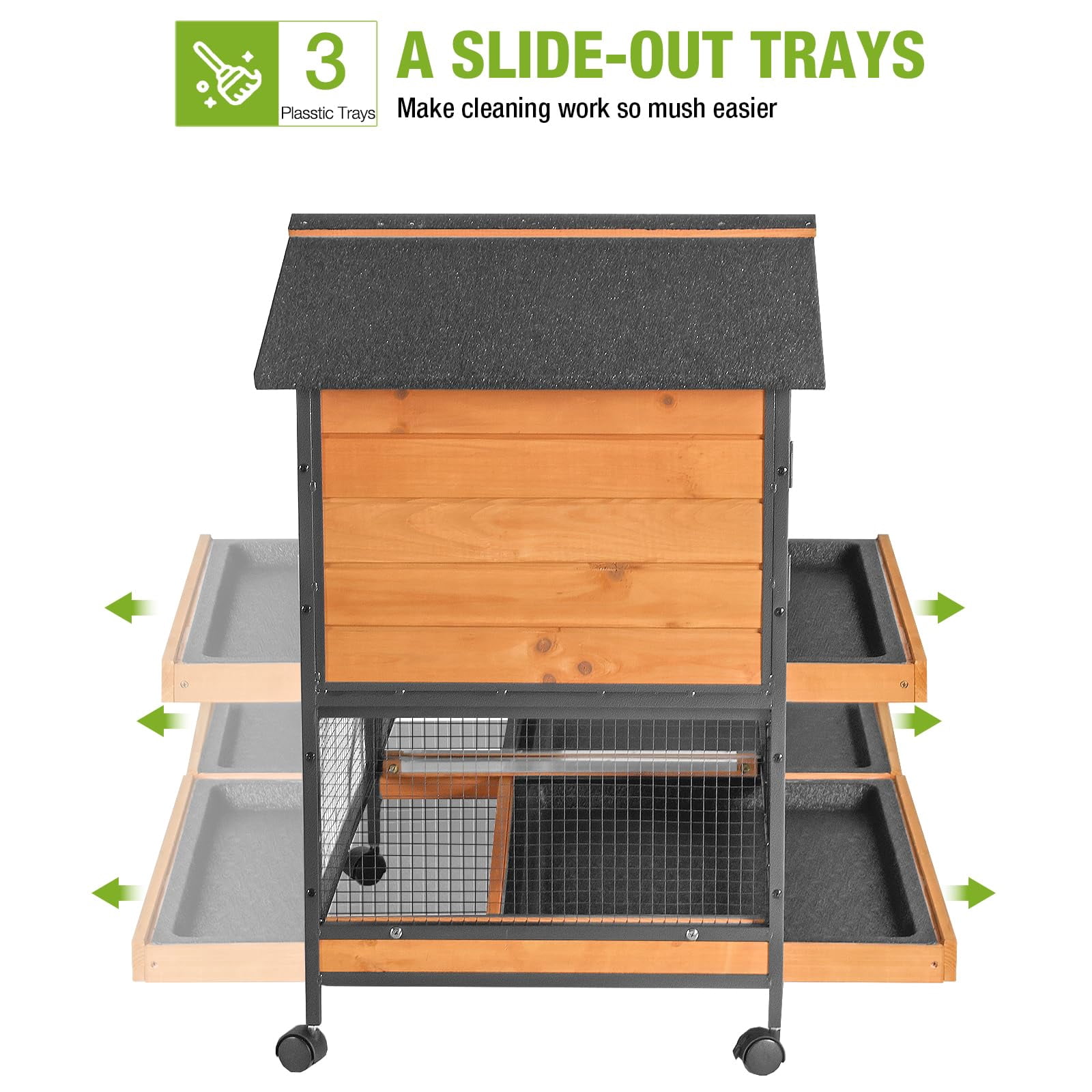 MEDEHOO Rabbit Hutch with Chew-Resistant Metal Frame Indoor Bunny Cage Outdoor Rabbit Cage with Wheels and Leakproof Tray