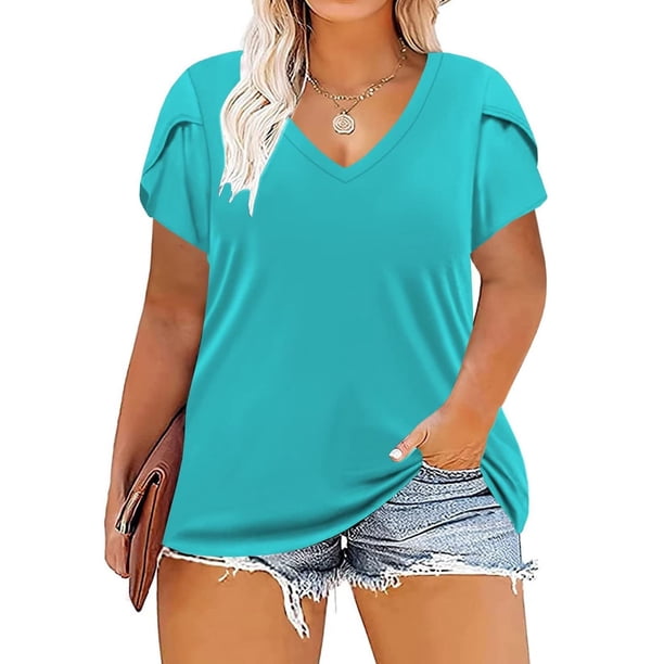 Blusa con cuello en V, camisa de manga corta con cuello en V y mangas de pétalos de gran tamaño para mujer, blusa con mangas de pétalos, funcionalidad de alta precisión