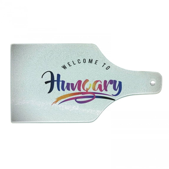 Hungary Cutting Board, Welcome to Hungary Calligraphy in Various Tones Vibrant Tourist Destinations Europe, Decorative Tempered Glass Cutting and Serving Board, in 3 Sizes, by Ambesonne