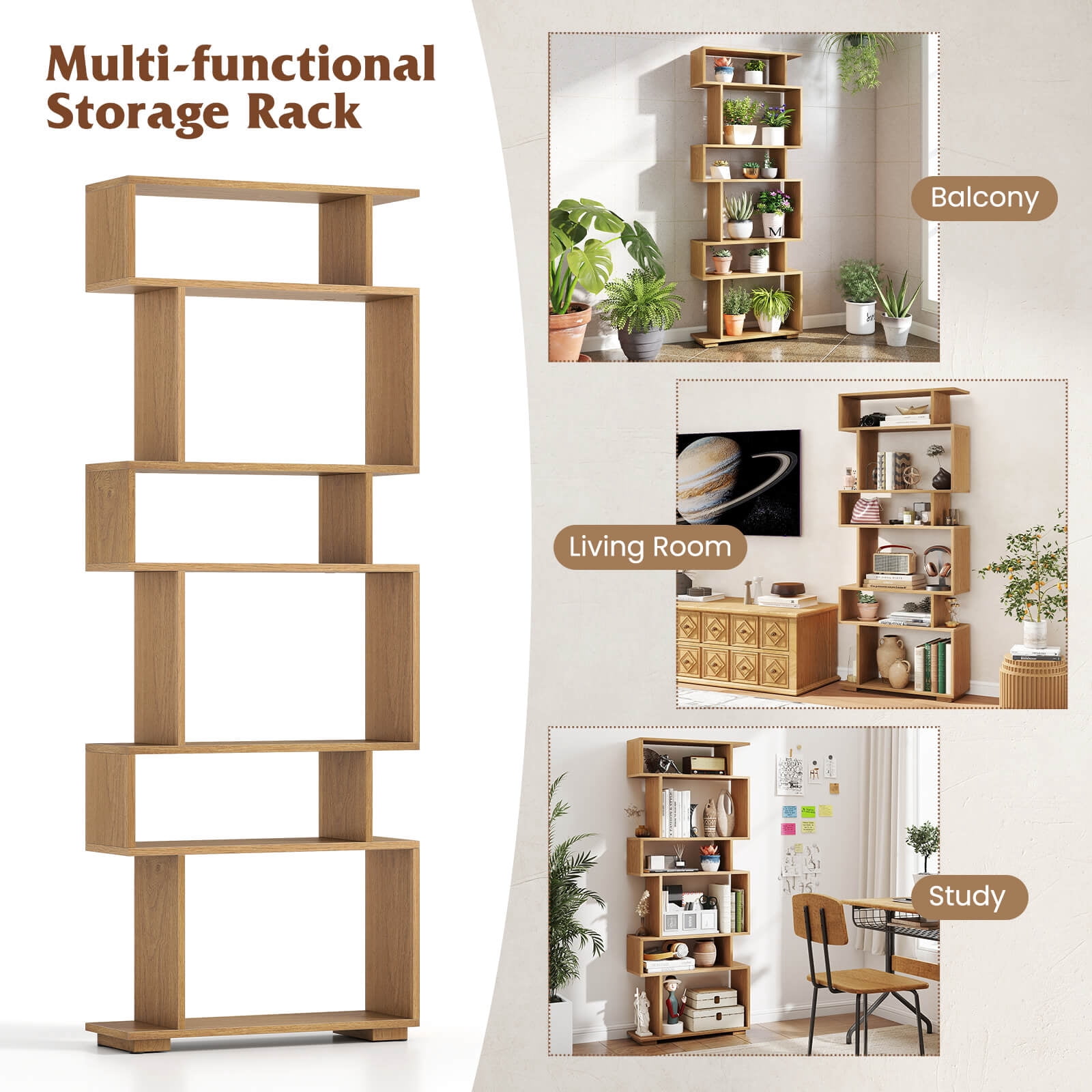 Costway 6-Tier Bookshelf with 2 Anti-Tipping Kits, Wooden Display Shelf for Home Office Natural