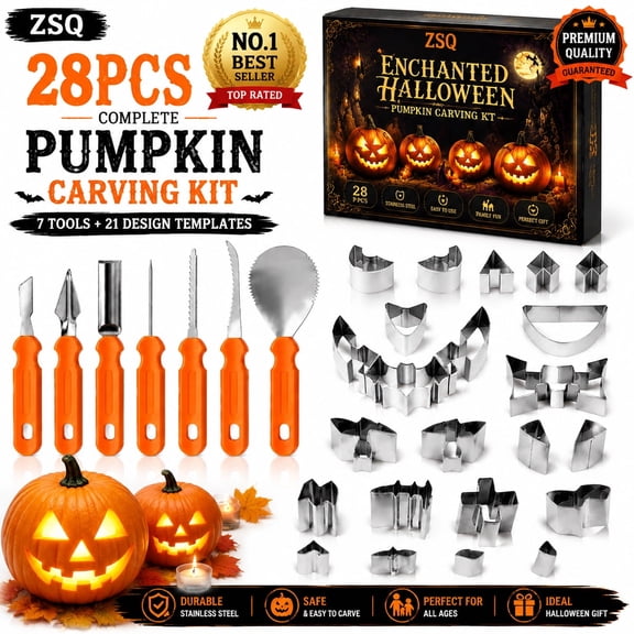 Pumpkin Carving Kit, 28PCS Halloween Pumpkin Carving Tools Set with 7 Stainless Steel Tools and 21 Design Cutters for DIY Pumpkin Decoration