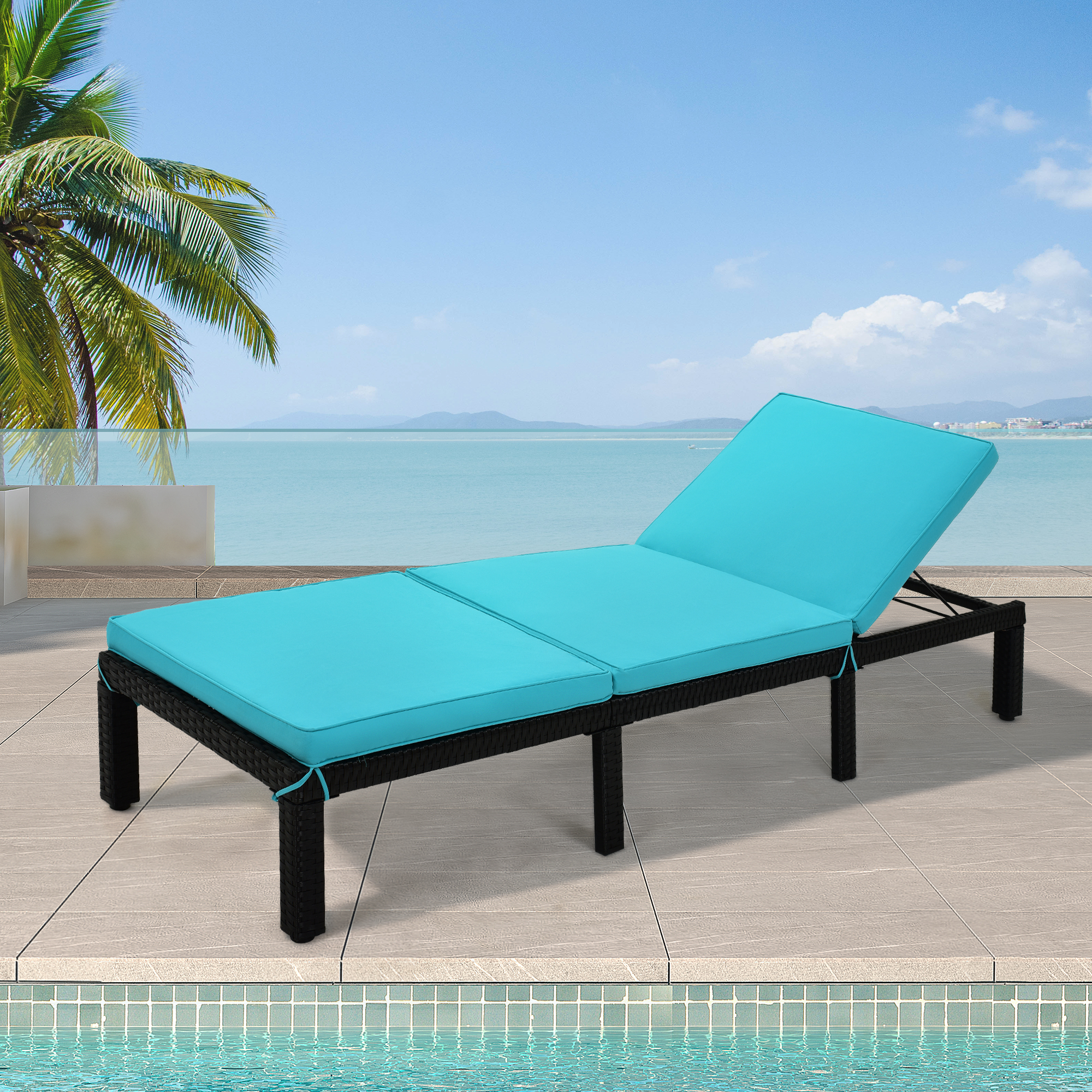 Rattan Wicker Chaise Lounge Chair, Outdoor Patio Lounger Recliner Chair w/Adjustable Backrest, Heavy-Duty Reclining Chair Sunbed with Blue Cushion for Garden Yard Patio - image 3 of 8