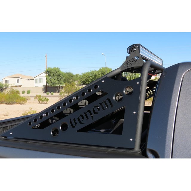 Addictive Desert Designs C015142600103 Truck Bed Bar Venom Chase Rack Tubular Bar Style Mounts Forward Facing 50 Inch Light Bar And Rearward Facing 30 Inch Light Bar Powder Coated Hammer Black With