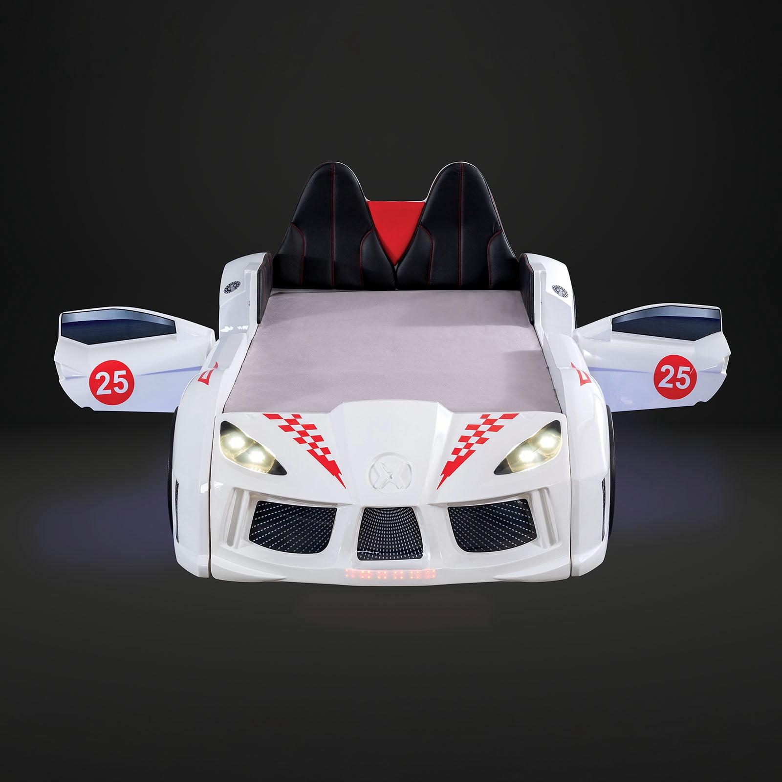 Bed Frame Modern Novelty Style Twin Size Race Car Design Bed Attached Two Magnetic Doors With LED Lights On Wheels And Bottom Upholstery Headboard And Sides White Finish