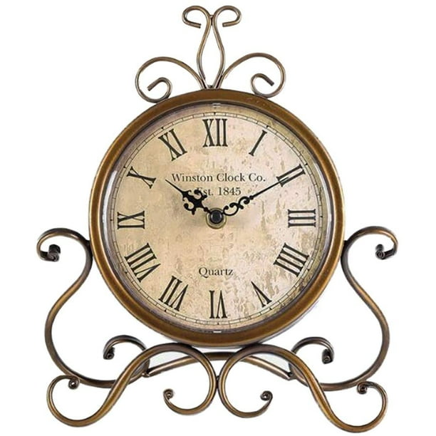 Vintage Table Clock, Iron European Style Desk Clock Battery Operated  Non-Ticking Mantle Clock for Home Decor (Bronze)