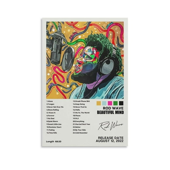 Rod Wave Music Beautiful Mind Album Hip Hop Poster Prints Canvas Wall Art for Trendy Dorm Room Decor Aesthetic Gift