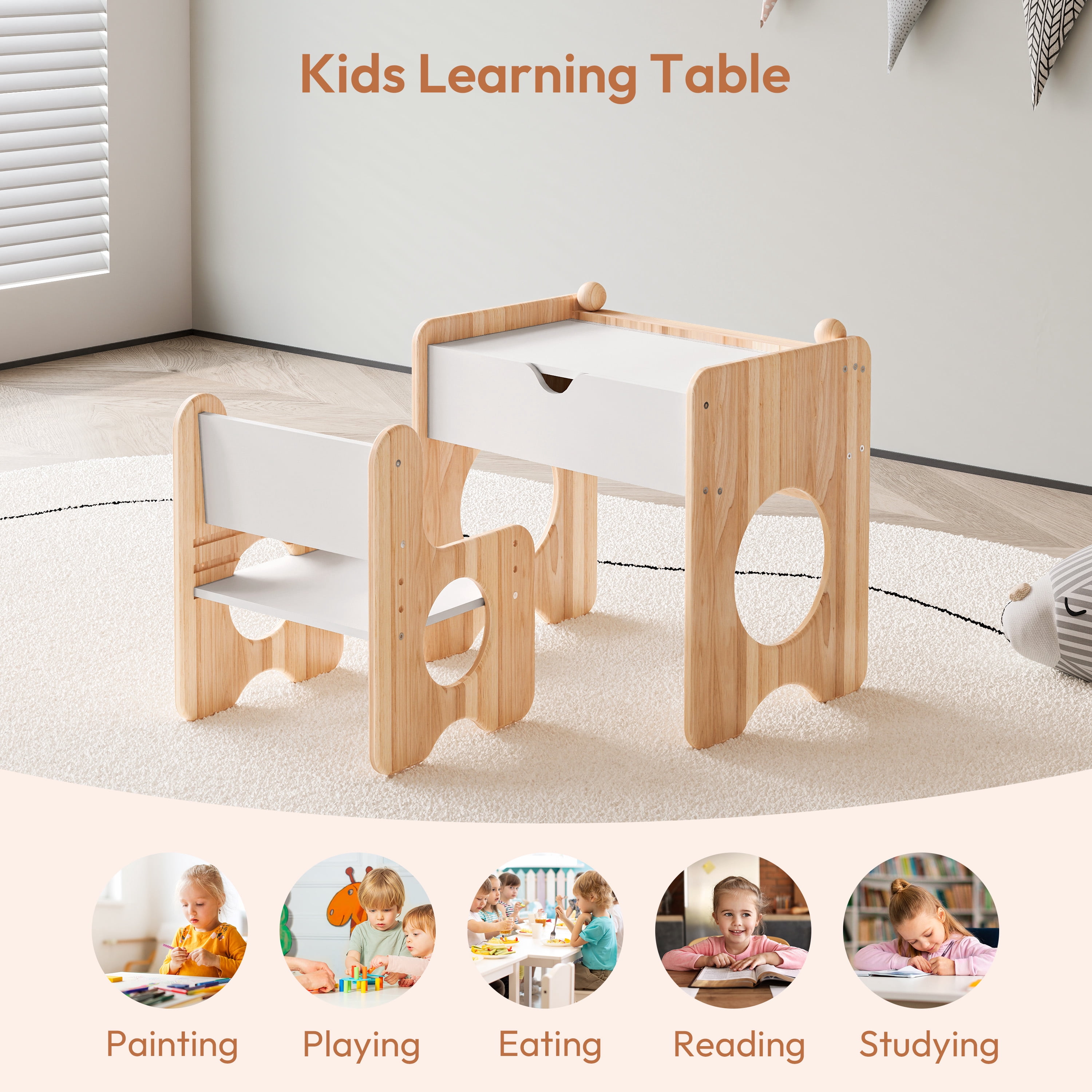 Woodtoe Kids Table and Chair Set with Storage & Chalkboard, Height Adjustable Toddler Chair, Montessori Art Table and Chair Set, Natural Wooden Activity Table, Drawing Dinner Desk for Baby Toddler 1+