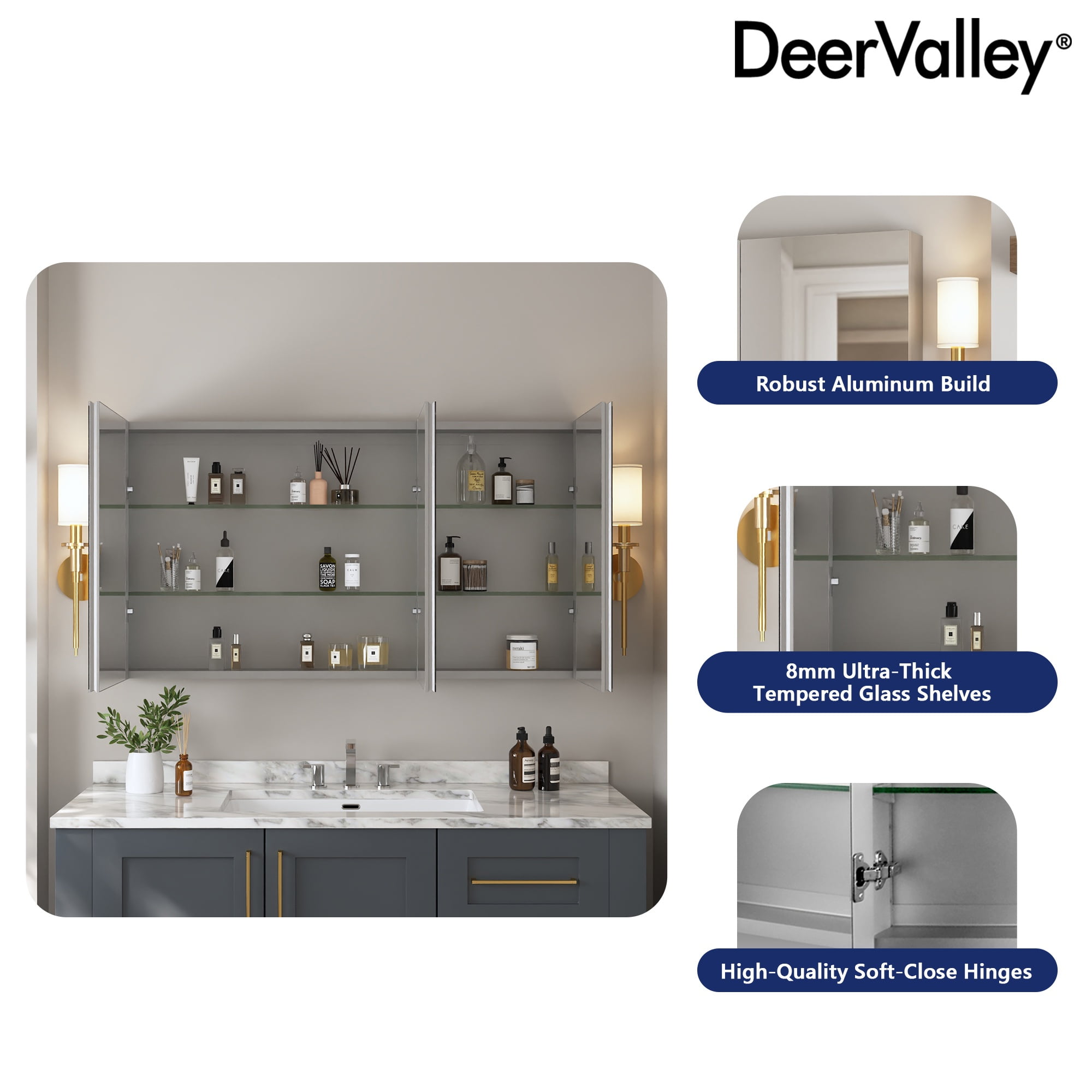 DV-1MC0149 48'' W x 26'' H Surface Mount Frameless 3 Door Medicine Cabinet and 2 Adjustable Shelves