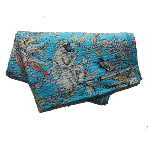 Monkey Print Quilt Queen Kantha Quilt Turquoise Quilt Kantha Bedspread Cotton Blanket Indian Bed Cover Bohemian Quilt Kantha Quilt Queen Quilts
