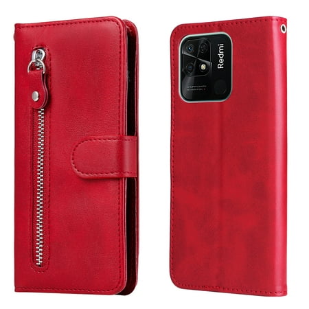 Case for Xiaomi Redmi 10C Zipper Pocket Wallet Leather Case Magnetic Closure Flip Cover - Red