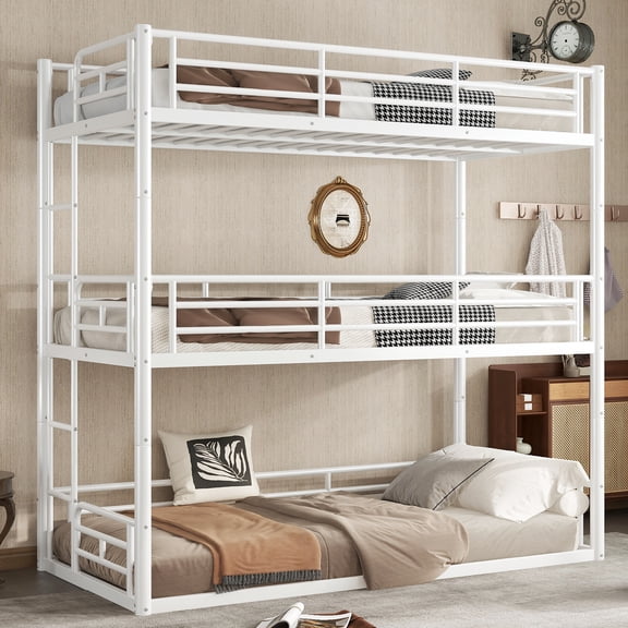 Twin over Twin over Twin Bunk Bed, White, Minimalist, Durable Build, Quality Materials