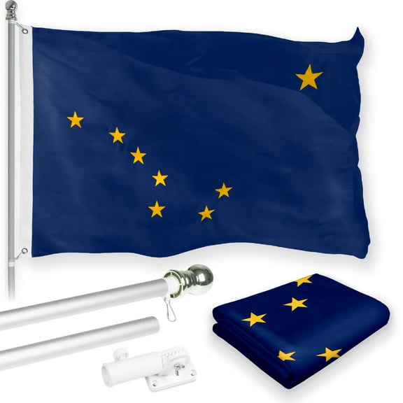G128 Combo Pack: 6 Feet Tangle Free Spinning Flagpole (Silver) Alaska AK State Flag 3x5 ft Printed 150D Brass Grommets (Flag Included) Aluminum Flag Pole