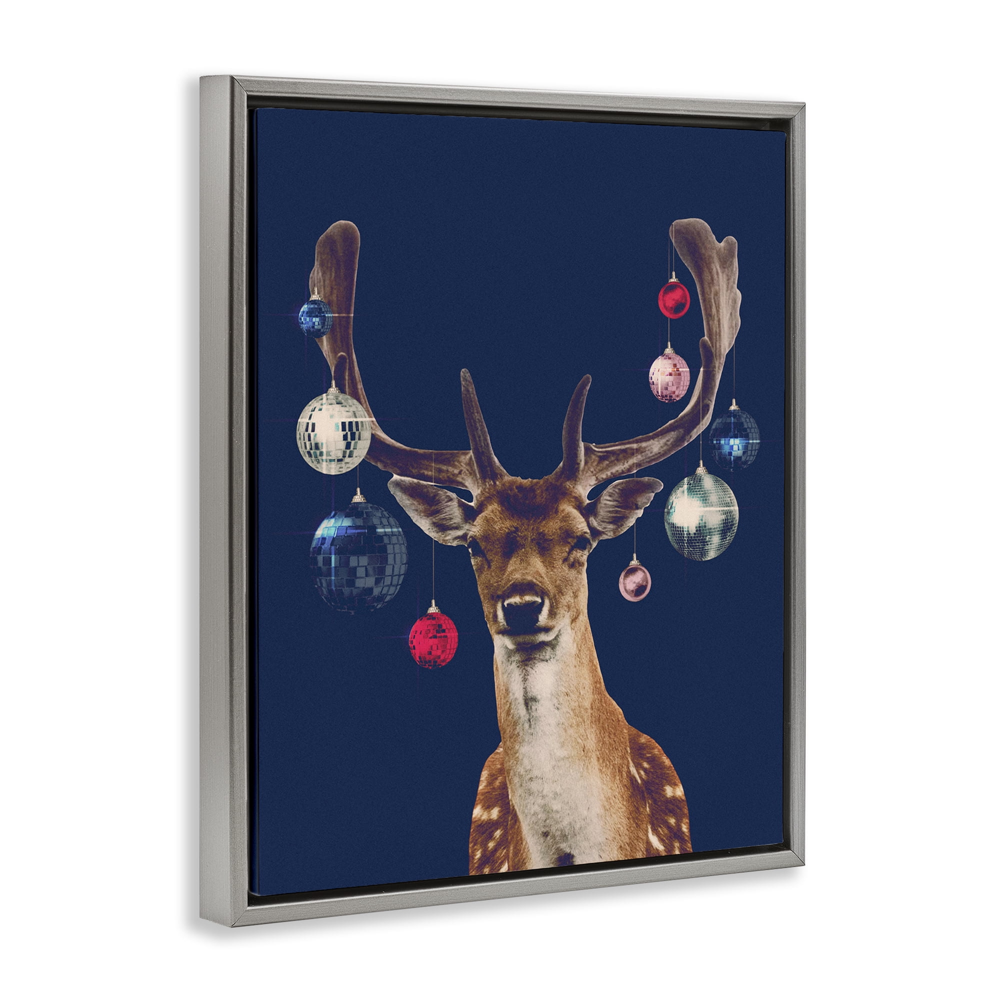 Stupell Industries Deer with Dazzling Ornaments Holiday Painting Gray Floater Framed Art Print Wall Art, 25 x 31