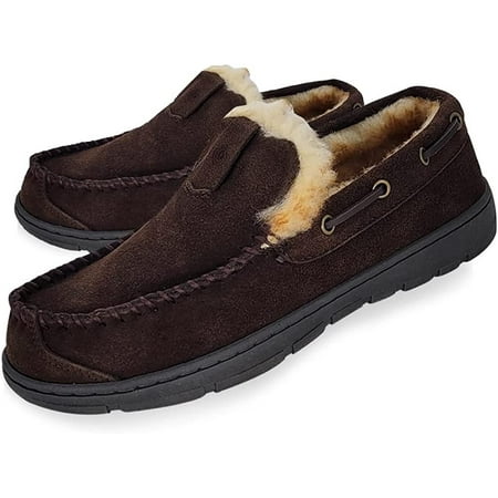 

Clarks Mens Suede Venetian Moccasin Slipper LB0534 - Warm Plush Faux Fur Lining - Indoor Outdoor House Slippers For Men 7 M US DK Brown