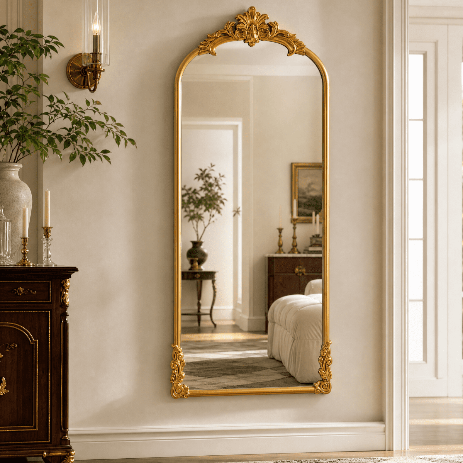 VORENTA 69"x28" Vintage Floor Mirror Arched Full Length Mirror Baroque Carved Wall Mounted Decor Traditional Ornate Mirror with Stand, Gold