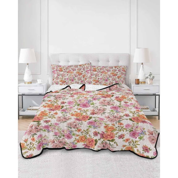Quilts Twin XL Size, Vintage Botanical Soft Comforter Bedding Set for Bed, Farmhouse Orange Pink Spring Floral Lightweight Quilted Bedspread with Pillow Cover(2 Pieces) for All Season, 68x98 Inch