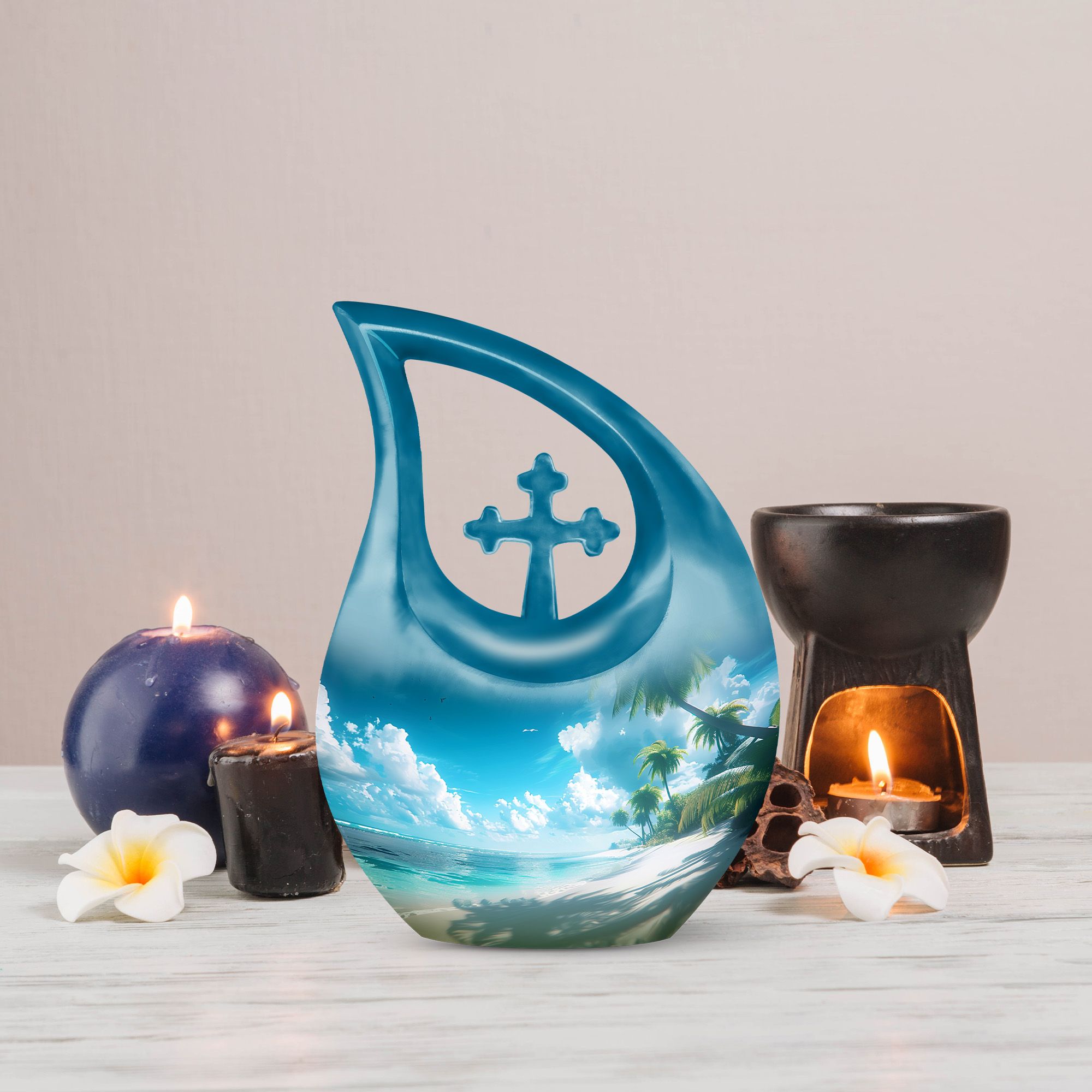 MUKTIVE Beach Cremation Burial Combo Sets Urns for Human Ashes Adult Men & Women, Blue Memorial Funeral Urn for Adult Father & Mother, (1 Large 10 ", 4 Keepsake 3 ") Decoration Urn for Human