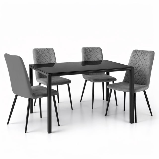 Set De Comedor 4 Sillas Velvet Mesa Cristal Negro Elegante gris
