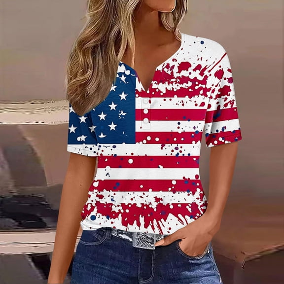 Cavosen Patriotic T Shirts for Women Red White and Blue Short Sleeve V Neck T Shirts USA Star Striped Graphic Tops Lady XL Patriotic Casual T Shirts Independence Day Tunic Tees
