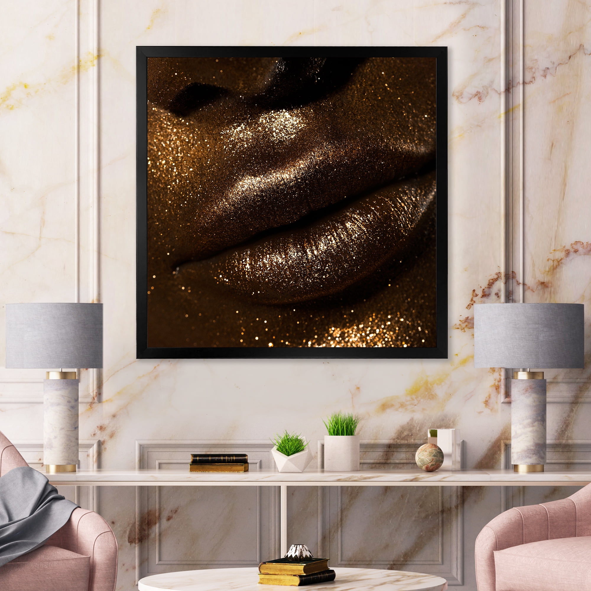 Designart 'Girl Lips With Glitter and Spangle' Modern Framed Art Print