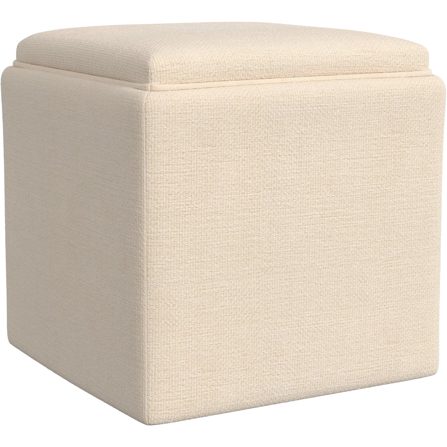 Lavish Home Round Storage Ottoman - Plush Teddy Fabric With Wood Top For Living Room Or Dorm (Cream)