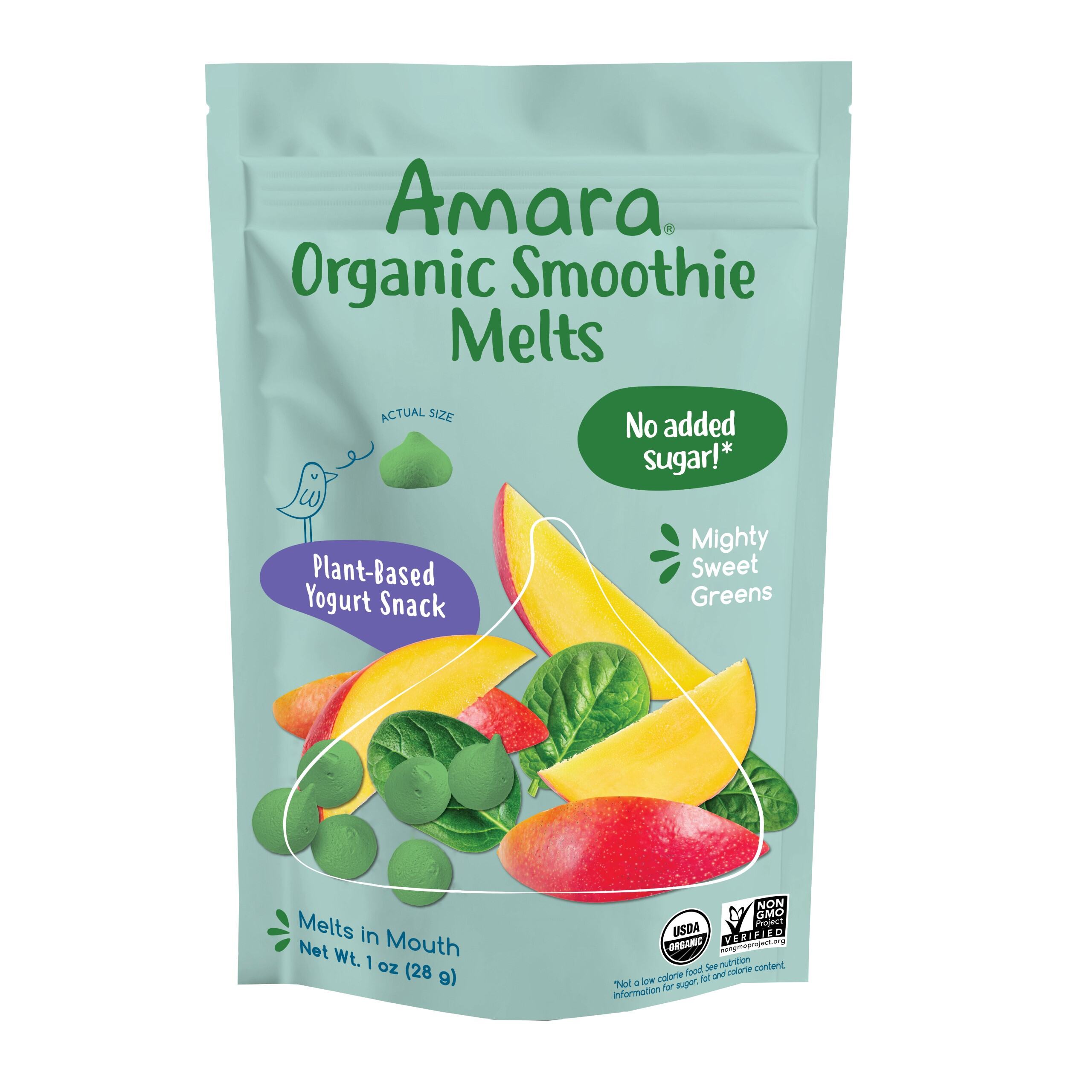 Amara Organic Smoothie Melts, Mighty Sweet Greens, Baby & Toddler Snacks, No Added Sugar, Stage 2, 1 oz Bag
