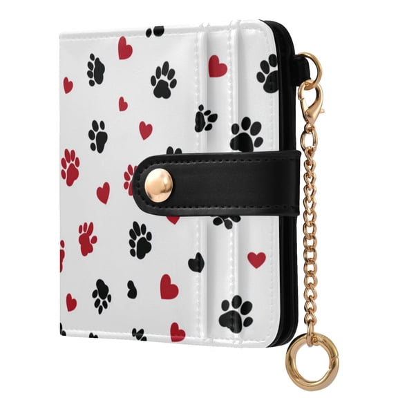 Womens Wallet PU Leather Bifold Small Purse with RFID Blocking Credit Card Holder Black Paws and Hearts Pattern