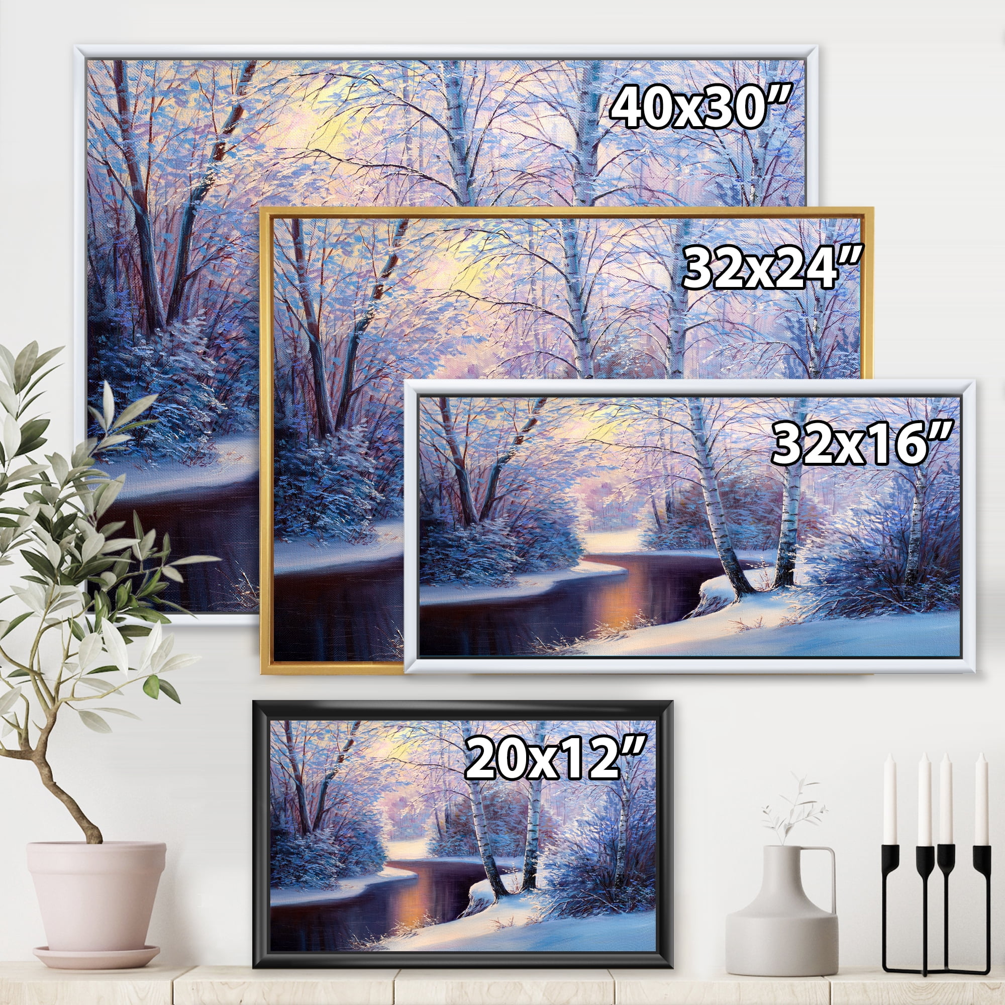 Designart 'Christmas Forest With Trees and River I' Traditional Framed Canvas Wall Art Print