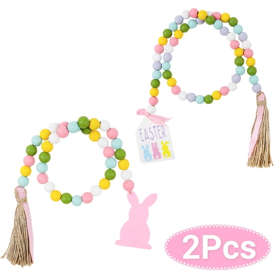 Easter Garland Decoration Bunny Decor for Home Wood Rabbit Bead Banner Spring Garland for Fireplace Table Tiered Tray Shelf Farmhouse Hanging Party Favors 2Pcs Set 1