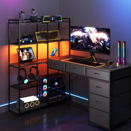 Spacious L-Shaped Computer Desk with 6 Fabric Drawers 5-Tier Open Storage Shelves Power Outlets & LED Lights – Modern Corner Gaming Workstation Sturdy PC Table for Home Office Black