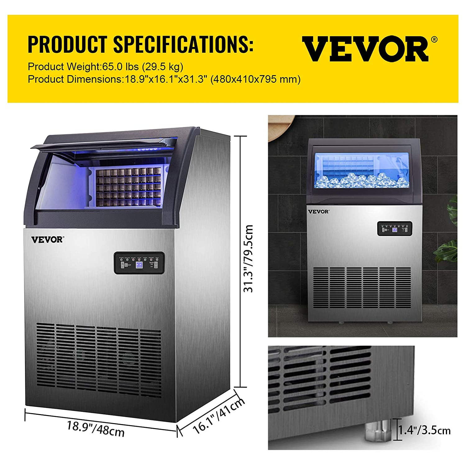 VEVOR Commercial Ice Maker 155lbs/24h,530W Commercial Ice Machine with 33lbs Storage Capacity, Stainless Steel Construction Ice Cube Making Machine, includes Water Filter and Connection Hose