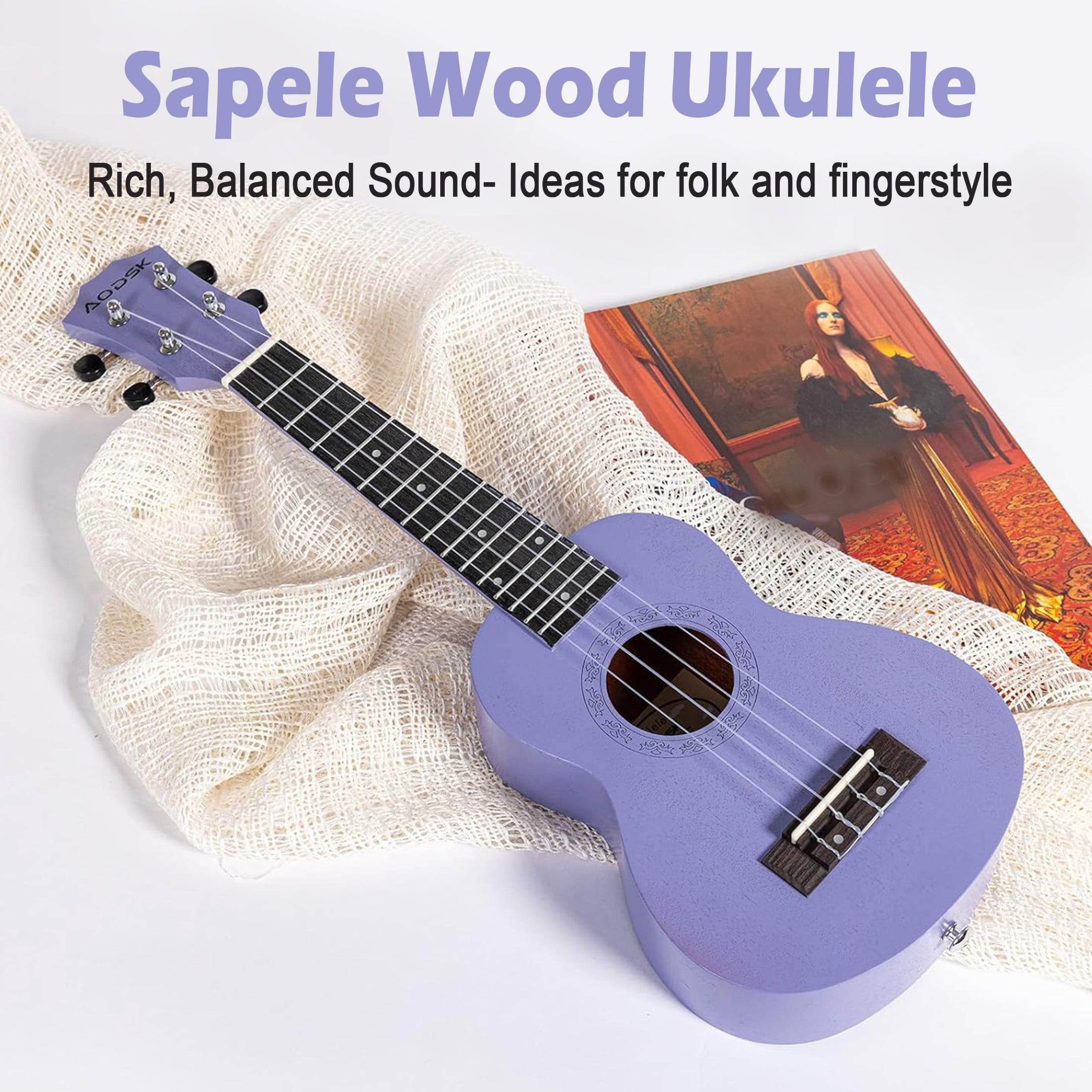 AODSK 23" Concert Ukulele Kit with Gig Bag, Strap, Extra Strings, Picks, Online Lesson, Ukelele Adult Beginner Series AUC-P06