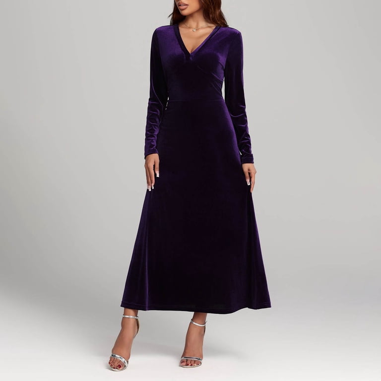 ZHYou Womens Velvet Maxi Dresses Long Sleeve V Neck A-Line Floor Length  Elegant Evening Wear Dresses,Purple,L - Walmart.com