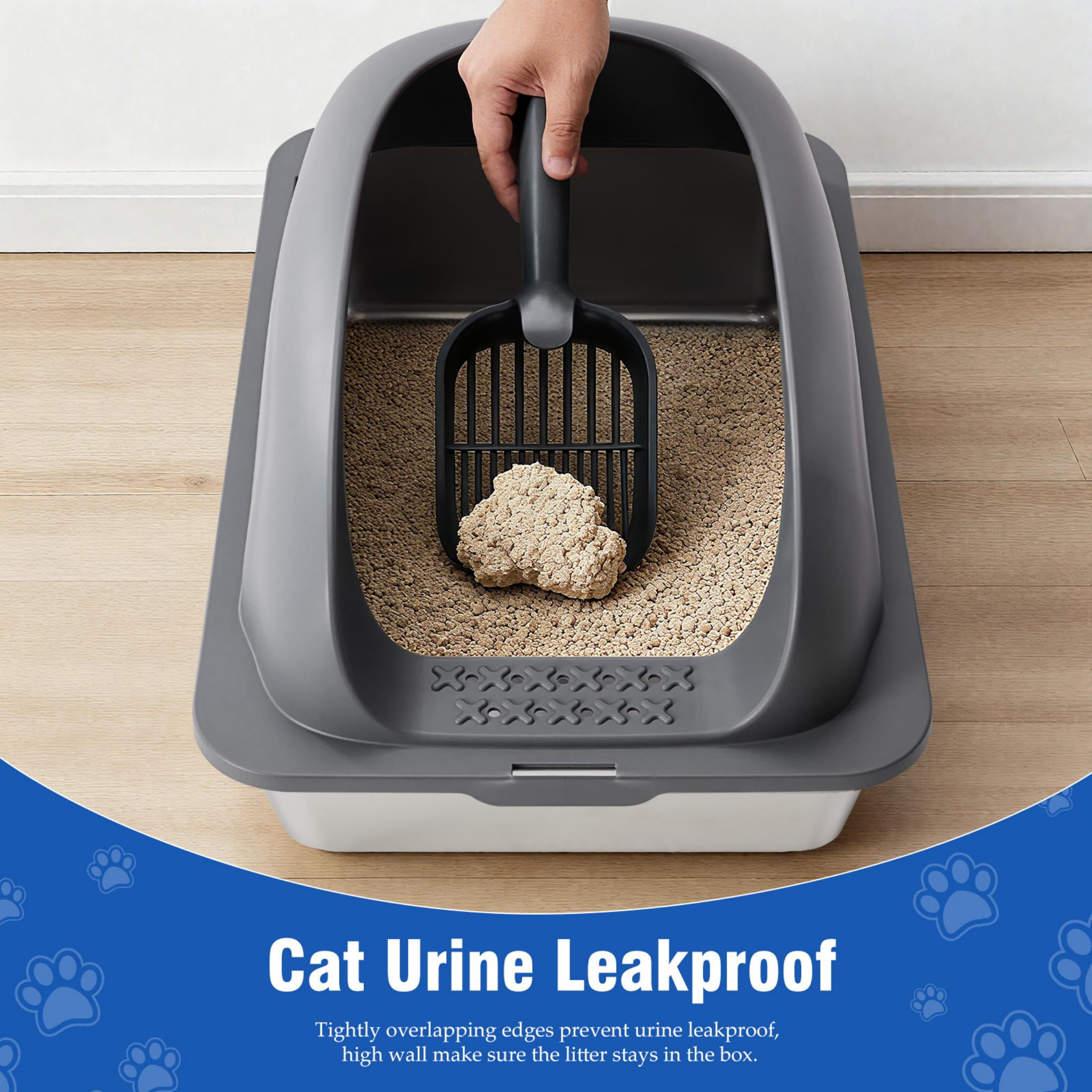 EDX Stainless Steel Cat Litter Box with Lid, XL Extra Large Cat Litter Box for Big Cats, High Wall Sides, Never Absorbs Odors, Anti-Urine Leakage, Easy Cleaning, Scoop and Mat Included, Dark Grey