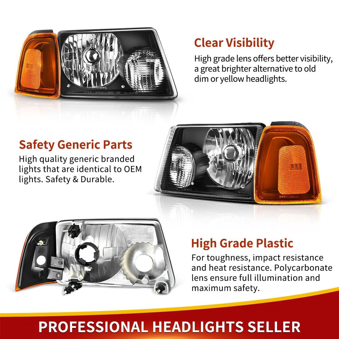 RVNI Front Black Headlights + Amber Corner Turn Signal For 01-11 Ford Ranger Headlamp