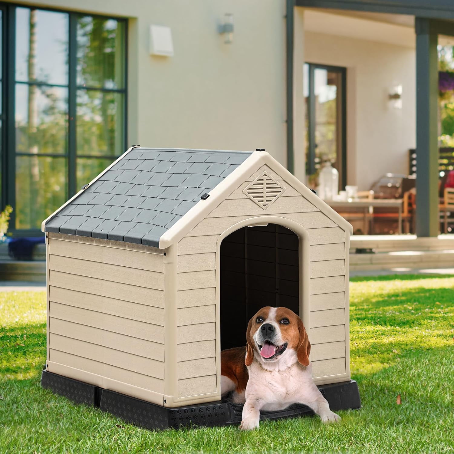 28.5'' Plastic Dog House Outdoor Indoor Doghouse Puppy Shelter Water Resistant Easy Assembly Sturdy Dog Kennel with Air Vents and Elevated Floor (28.5''L*26''W*28''H, Blue)