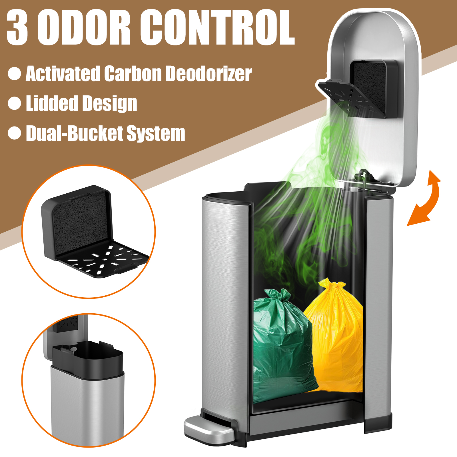 organizelink Dog Poop Trash Can Outside with Odor Control Lid & Step Pedal, 3.2Gal Stainless Steel Outdoor Trash Can, Waterproof Dog Waste Container Station - Includes Carbon Filters & Bag Holder