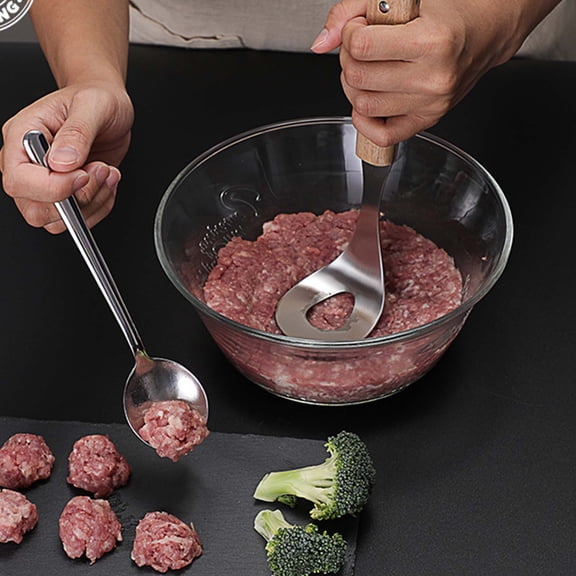 Meatball Maker Spoon Stainless Steel Wood Handle Easy Release Oval Hole Handheld Meatball Forming Tool For Kitchen(Silver-7.44")