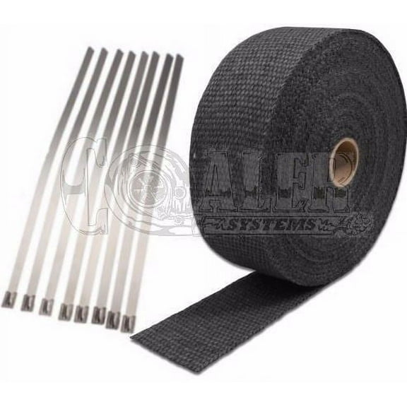 Black Exhaust Wrap Kit; 1 inch x 50 ft Roll w/ 8 Stainless Steel Zip Ties