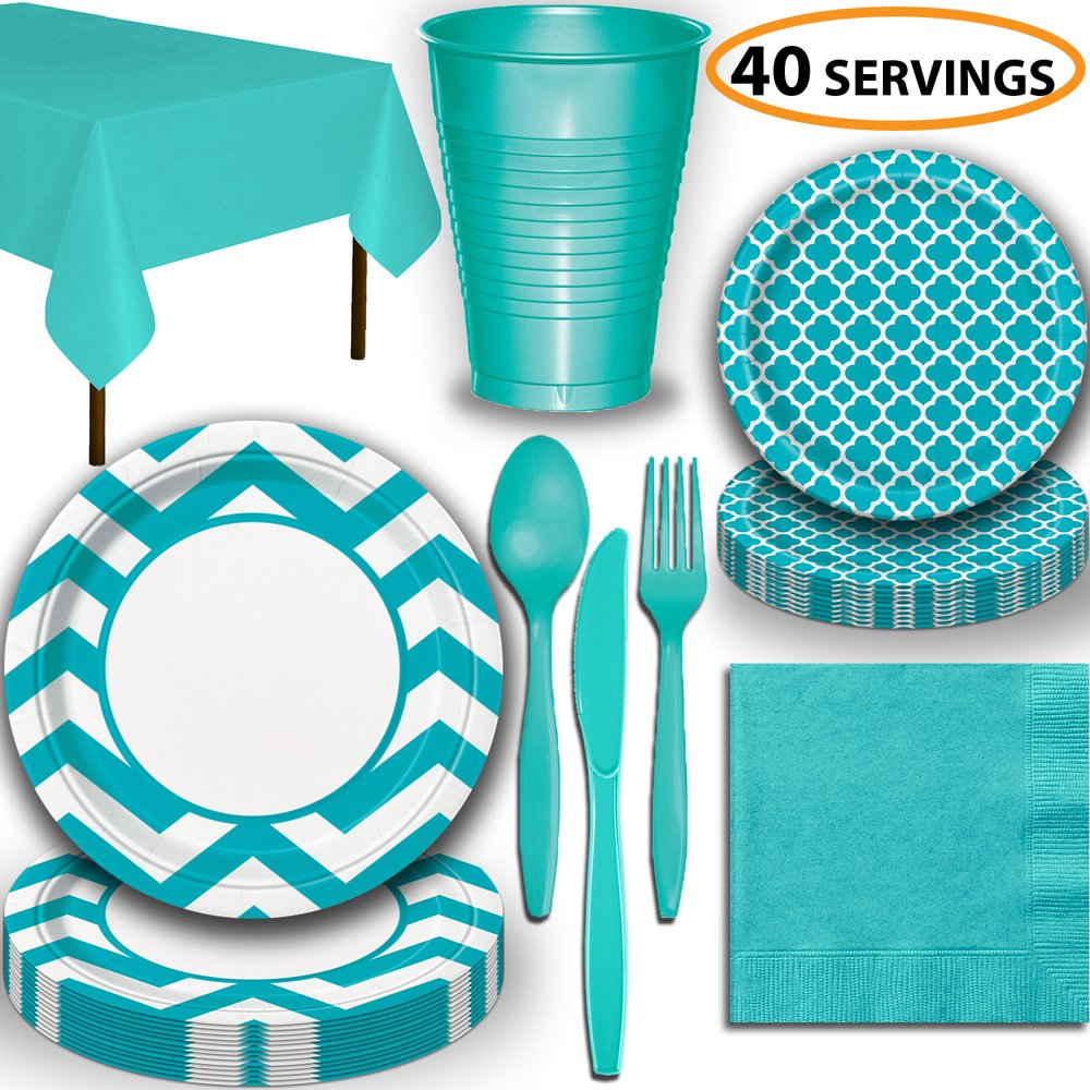 Disposable Tableware, 40 Sets Caribbean Teal Chevron Dinner Plates