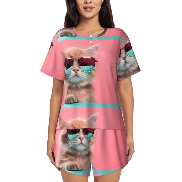 Balery Cool Cat Pink Sunglasses Conjunto de Pijama para Mujer con Estampado, Dos Piezas de Manga Corta y Shorts, Ropa de Dormir Suave con Cuello Redondo y Bolsillos-Medium