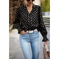 thumbnail image 3 of Geometric Print V Neck Long Sleeve Shirred Cuff Blouse for Women Black Medium, 3 of 5